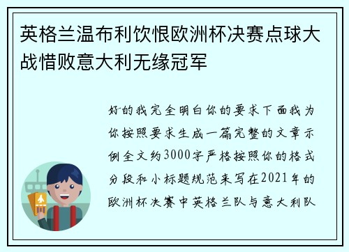 英格兰温布利饮恨欧洲杯决赛点球大战惜败意大利无缘冠军
